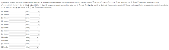 In unit-vector notation, what is the torque about the origin on a jar of jalapeno peppers located at coordinates (3.0 m, -2.0