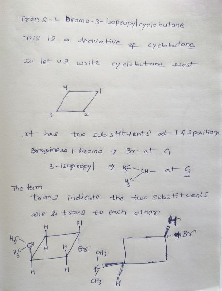 Tran S-l- bromo-3- isopropyl cyclobutane This is a derivative opcyclobutane so let us write cyclobert ane first It has two s