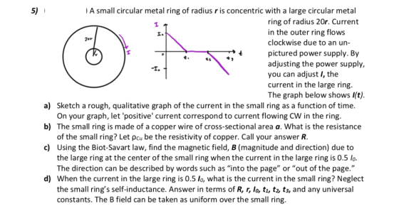 5) 1 I. 2or A small circular metal ring of radius r is concentric with a large circular metal ring of radius 20r. Current in