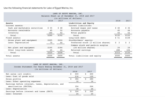 Use the following financial statements for Lake of Egypt Marina, Inc. 2018 2017 $ 40 $ 36 45 52 LAKE OF EGYPT MARINA, INC. Ba