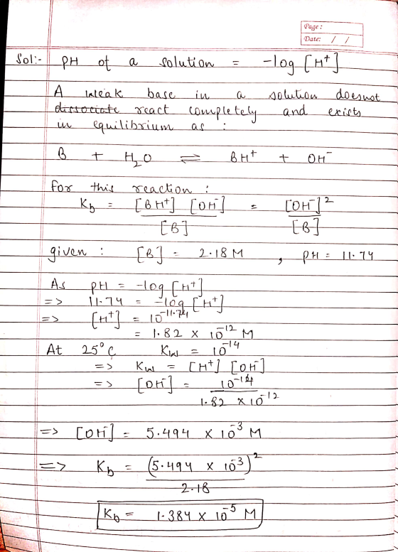 Dar 109 [ht] | Sol:-|| PH of a Solution - LA Inleak base in a dissociate react completely in equilibrium as : solution and do