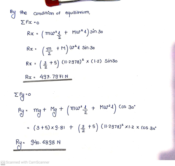 the condition of equilibrium, EFX - Rx = ( mweer + MW24) sin M) Wel Sin 30 Rx: (m + m) were R1 = ( 3 +5) (11-2978) (1-2) Sin3