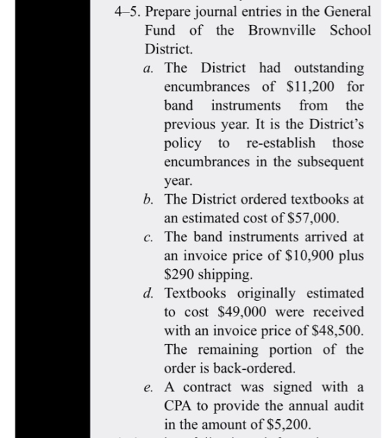 4–5. Prepare journal entries in the General Fund of the Brownville School District. a. The District had outstanding encumbran