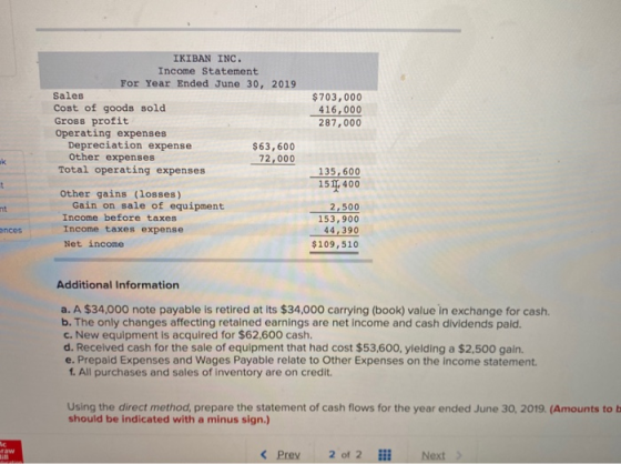 IKIBAN INC. Income Statement For Year Ended June 30, 2019 Sales Cost of goods sold Gross profit Operating expenses Depreciati