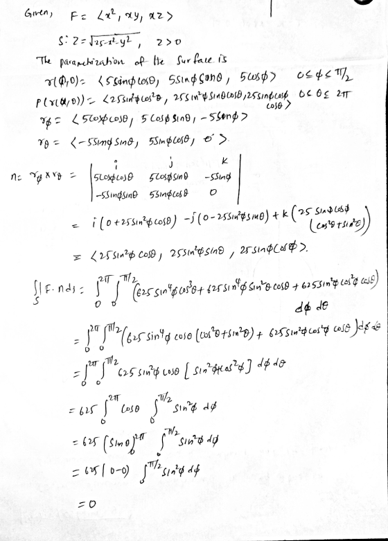 2>o Giren, Fa Lx?, ay, az S: 2=825-12-y2 , The parametization of the surface is 7100) (scamy love, 5sino cono, 5wsø> 0545 7/2