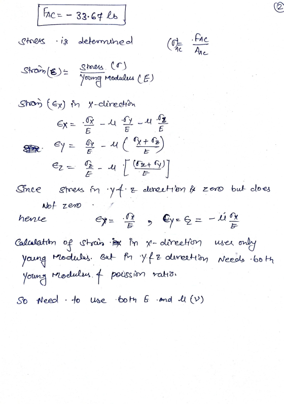FAC= - 33.67 lb 2 strers is determined .FAC Anc nc Strain (s) = smes.co Young Modulus CE) Stran (Ex) en x-direction .u الدب 8