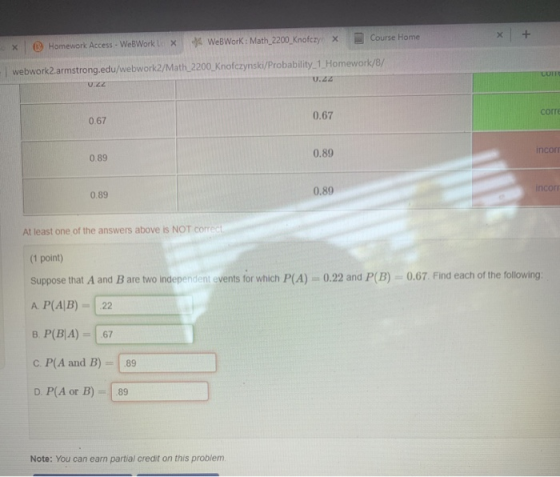 X Homework Access - WebWork X 4 WebWork: Math_2200_Knofczy X C ourse Home webwork2 armstrong.edu/webwork/Math_2200_Knofczynsk