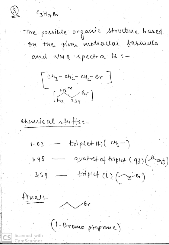 مر C₃ H7 Br The possible organi anic structure based on the given molecular formula and NMR spectra is :- CH₂ - CH₂ - Br [c42