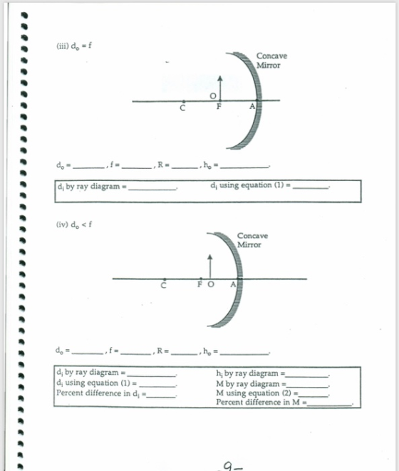 (iii) do -f Concave Mirror 0 d, by ray diagram using equation(1)- (iv) d。< f Concave Mirror FO A d, by ray diagram d, using equation (1) Percent difference in d hy by ray diagram M by ray diagram # M using equation (2) Percent difference in M =