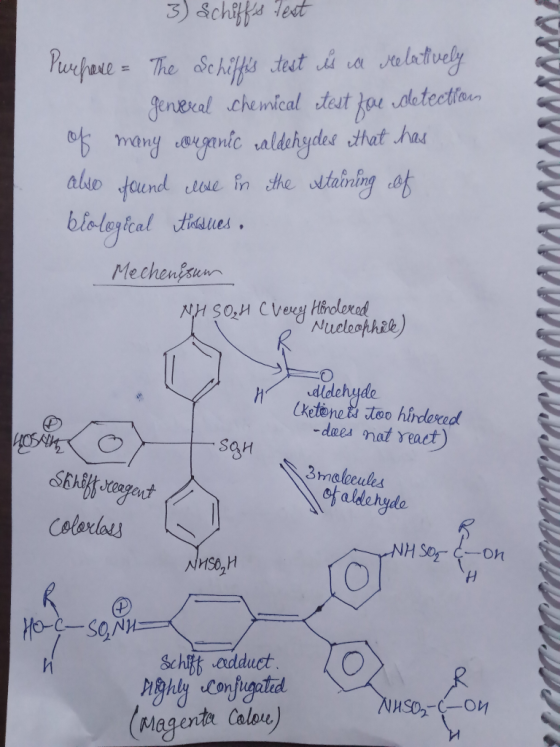 3) Schiffs test Purhone= The Schiffs test is a relatively genveral chemical test face detection of many couganic caldehydes