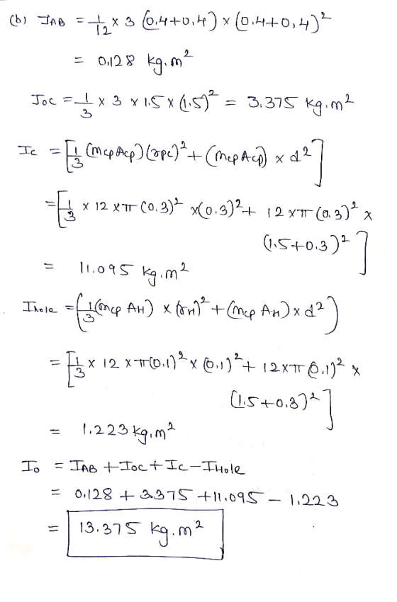 (d) InB = tex 3 (0,4+0,4) x (0.4+0,4) = 0128 kg. m? Joc = x 3 x15x1.51= 3.375 kgima 12 = [4 cm(pap)larelé+ (mapach) x d2] * *