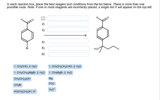 In each reaction box, place the best reagent and c