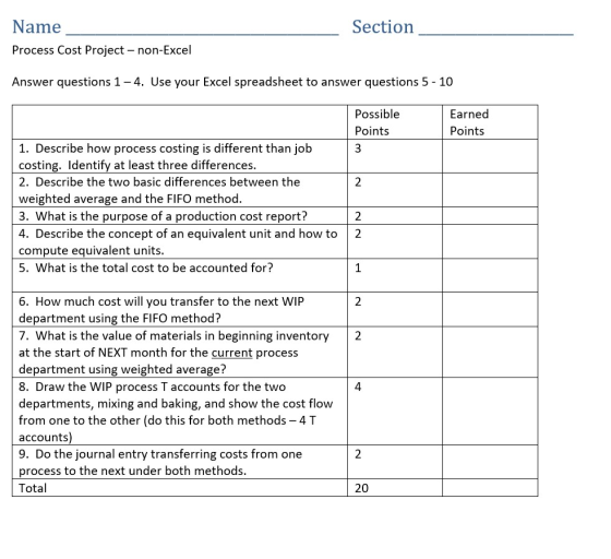 Name Section Process Cost Project - non-Excel Answer questions 1-4. Use your Excel spreadsheet to answer questions 5 - 10 Pos