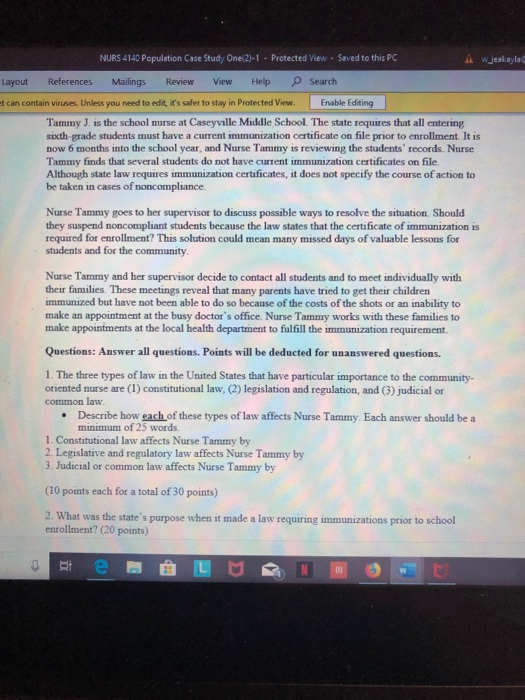 NURS 4140 Population Case Study One(2)-1 Prctected View Saved to this PC Awjeakayla References Mailings Review View Help Sear