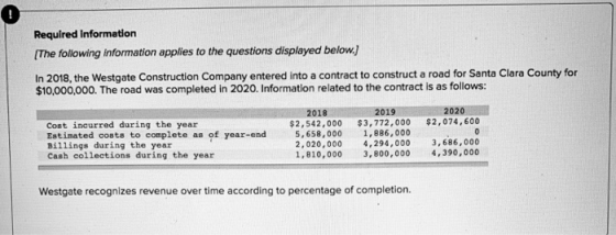 0 Required information The following information applies to the questions displayed below In 2018, the Westgate Construction Company entered into a contract to construct a road for Santa Clara County for $10,000,000. The road was completed in 2020. Information related to the contract is as follows: 2020 2019 $2,542,000 $3,772,000 $2,074,600 1,886, 000 2,020,000 4,294,000 3,686,000 1,810,000 3,800,000 4,390,000 2018 Cost incurred during the year Estimated costs to complete as of year-end Billings during the year Cash collections during the year 5,658,000 Westgate recognizes revenue over time according to percentage of completion.