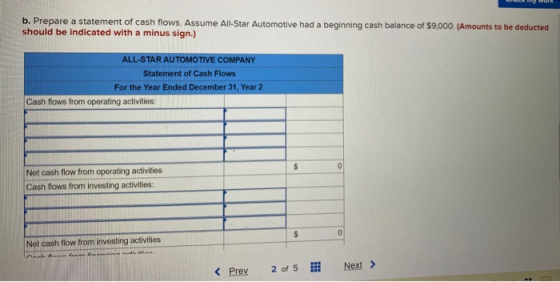 WUR b. Prepare a statement of cash flows. Assume All-Star Automotive had a beginning cash balance of $9,000. (Amounts to be d