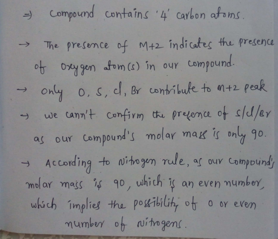 & compound contains 4 carbon atoms. → The presence of M+2 indicates the presence of oxygen atom(s) in our compound. - only