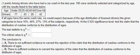 (1 point) Among drivers who have had a car crash in the last year, 190 were randomly selected and categorized by age, with the results listed in the table below Age Under 2525-44 45-64 Over 64 Drivers 77 43 2842 If all ages have the same crash rate, we would expect (because of the age distribution of licensed drivers) the given categories to have 16%, 44%, 27%, 13% of the subjects, respectively. At the 0.025 significance level, test the claim that the distribution of crashes conforms to the distribution of ages. The test statistic is x2 The critical value is x2 The conclusion is o A. There is not sufficient evidence to warrant the rejection of the claim that the distribution of crashes conforms to the distibuion of ages. O B. There is sufficient evidence to warrant the rejection of the claim that the distribution of crashes conforms to the distibuion of ages