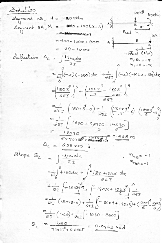 Look 120 kNam A Solution Segment co, Me -1200 km Seament BA, M = - Blolo = 100(8-3) =t00341 =-120- 100x + 300 = 180-100x defl