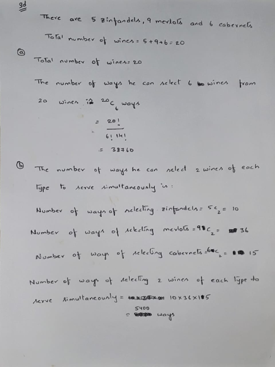 Therc ave 5라n tandels, 9 mevlols and 6 cabexnca Tola, nu rnbevor wines: 5+946-20 ToTal umbe o uinesr 20 The number 아 waYs he can /se leet 1 bo wines hrom C ways : 20 The numbe ot waY he can nele ct 2 wine^ eac Number 아 war 아 S400