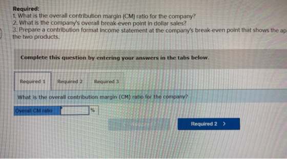 Required: 1. What is the overall contribution margin (CM) ratio for the company? 2. What is the companys overall break-even