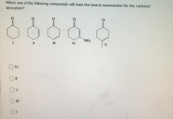 Which one of the following compounds will have the lowest wavenumber for the carbonyl absorption? NH2 IV OIV OV OM