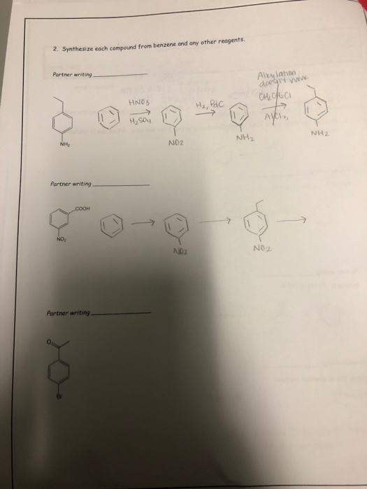 2. Synthesize each compound from benzene and any other reagents. Partner writing Allah doesnt WIVE CHOAC HNO3 Hz => AY H₂SO4