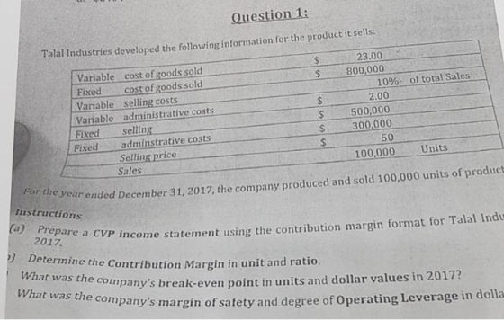 Question 1: Talal Industries developed the following information for the product it sells: $ $ of total Sales Variable cost o