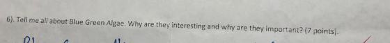 6). Tell me ali about Blue Green Algae. Why are they interesting and why are they important? (7 points)