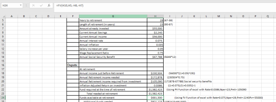 H24 : X fix =FV(H10,45,-H8,-H7) A B C D E J K L M N O P Q Years to retirement Length of retirement (in years) Amount already