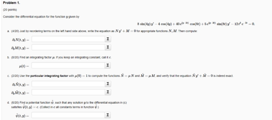 Problem 1 (20 points) Consider the differential equation for the function y given by 4 cos(4y) 40e 2e) cos(8t)+5 eu 2t) sin(8