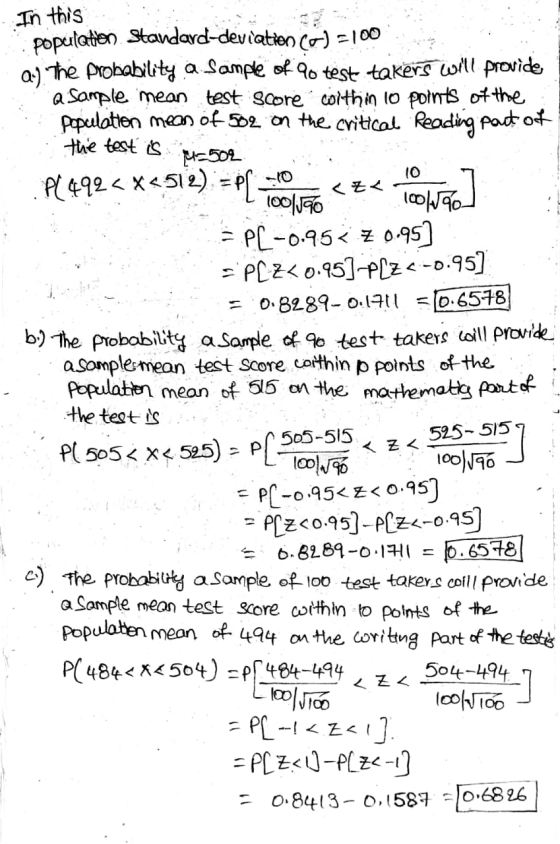 In this 10 <Z- P1492<x<512) = pr-Yo population Standard-deviation ca): a:). The probability a sample of no test takers will p