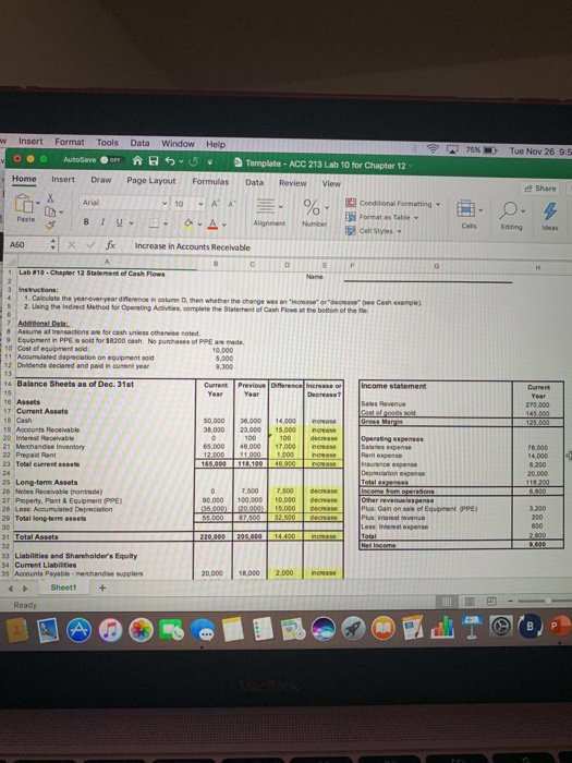 Insert Format Tools Data Window Help Tue Nov 26 9:5 75% AutoSave oFF Template-ACC 213 Lab 10 for Chapter 12 Нome Insert Draw