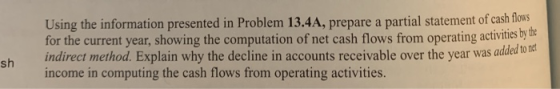 Using the information presented in Problem 13.4A, prepare a partial statement of cash flows for the current year, showing the