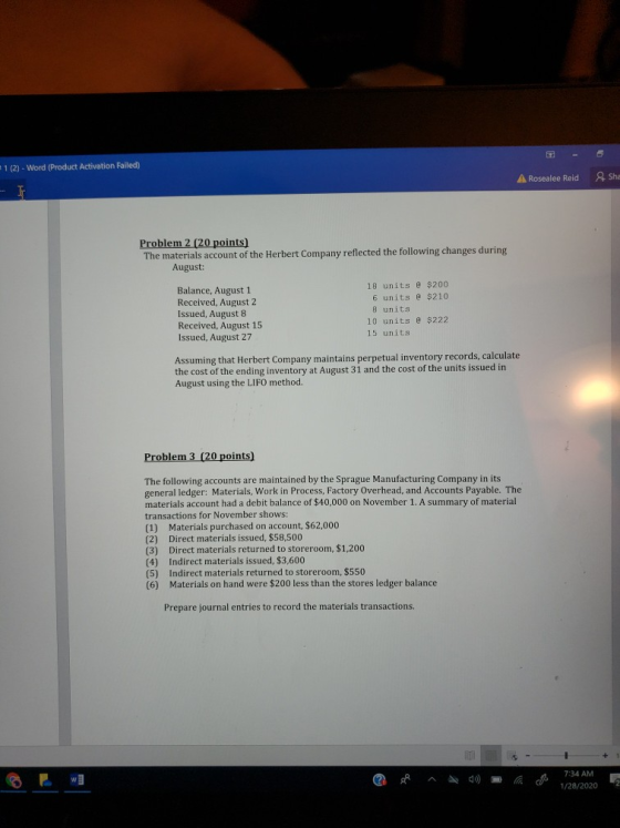 #1 (2) - Word (Product Activation Failed) A Rosealee Reid Asha Problem 2 (20 points) The materials account of the Herbert Com