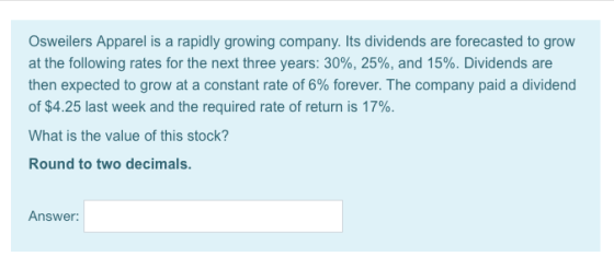 Osweilers Apparel is a rapidly growing company. Its dividends are forecasted to grow at the following rates for the next thre