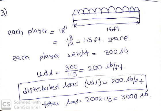 _ - each player = 18 * Isft. = =li9ft. space. each player weight a 30016 udt = 3.00 = 200 16/67. distributed load (und) = 20