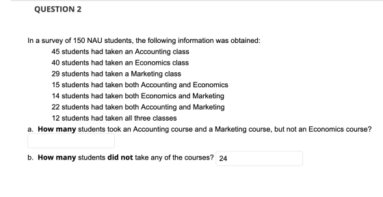 QUESTION 2 In a survey of 150 NAU students, the following information was obtained: 45 students had taken an Accounting class