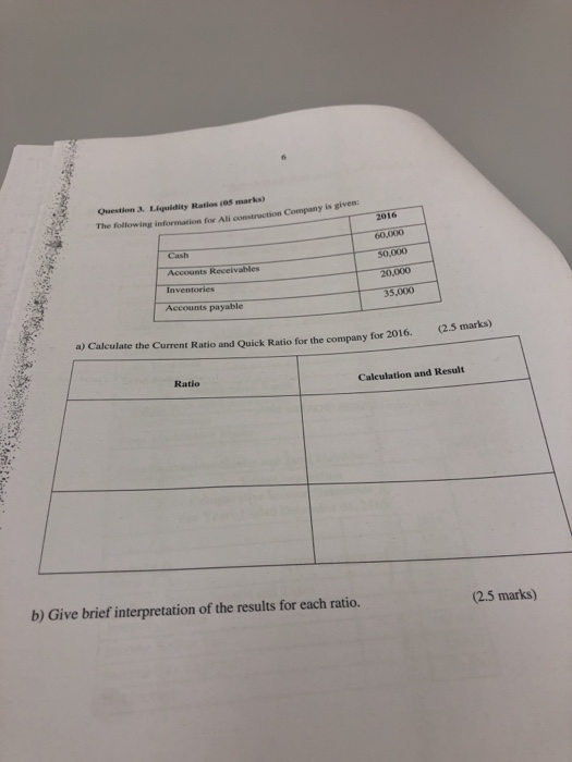 Question 3. Liguidity Ratios (os marks) The following information for All construction Company is given Cash 2016 60,000 50,0