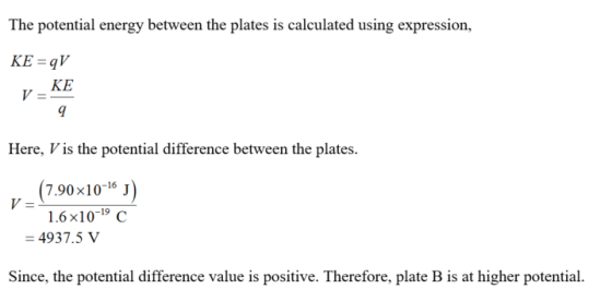 The potential energy between the plates is calculated using expression, KE = qv KE Here, V is the potential difference betwee