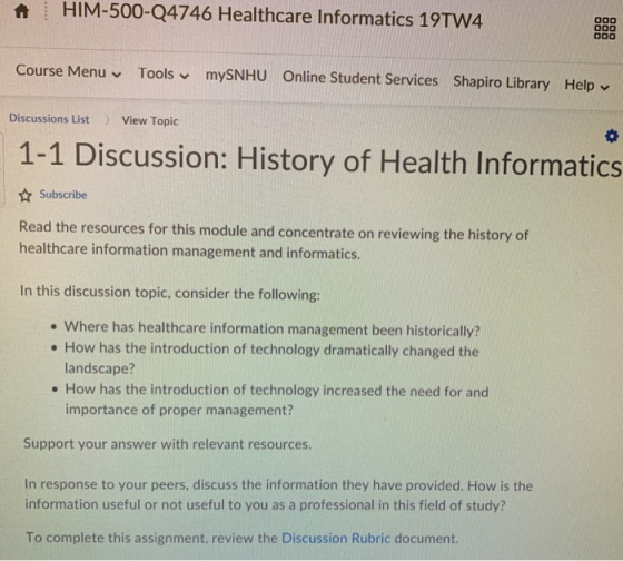 HIM-500-Q4746 Healthcare Informatics 19TW4 000 000 Course Menu Tools. mySNHU Online Student Services Shapiro Library Help Dis