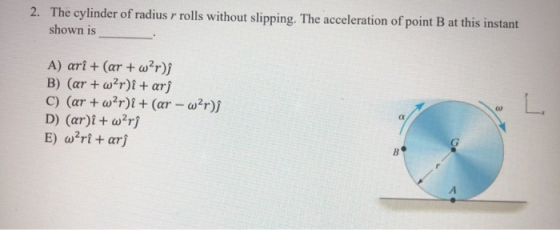 2. The cylinder of radius r rolls without slipping. The acceleration of point B at this instant shown is A) arî + (ar + w?r)ſ