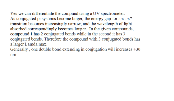 Yes we can differentiate the compund using a UV spectrometer. As conjugated pi systems become larger, the energy gap for a 1