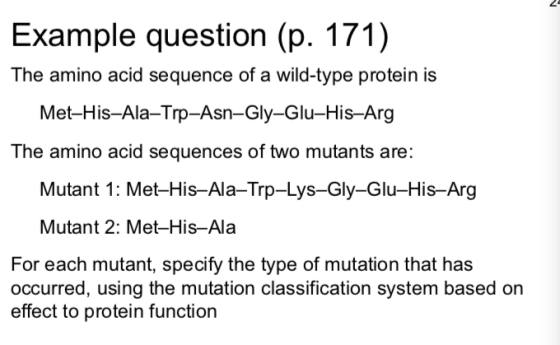Example question (p. 171). The amino acid sequence of a wild-type protein is Met-His-Ala-Trp-Asn-Gly-Glu–His-Arg The amino ac