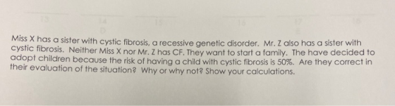 Miss X has a sister with cystic fibrosis, a recessive genetic disorder. Mr. Z also has a sister with cystic fibrosis. Neither