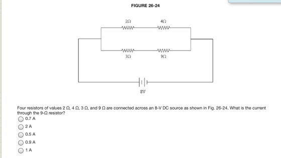 FIGURE 26-24 2Ω 4Ω 3Ω Four resistors of values 2 Ω, 4 Ω, 3 Ω, and 9 Ω are connected across an 8-V DC source as shown in Fig. 26-24. What is the current through the 9-Ω resistor? 0.7 A O2 A 0.5 A 0.9 A