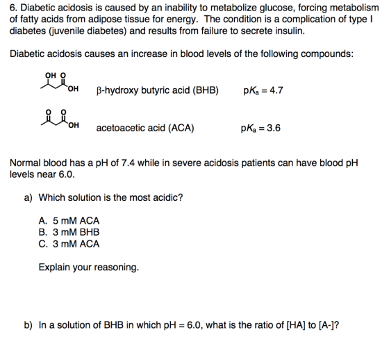 6. Diabetic acidosis is caused by an inability to metabolize glucose, forcing metabolism of fatty acids from adipose tissue f