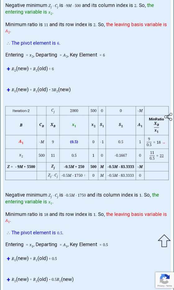 Negative minimum z-c, is -9M-500 and its column index is 2. So, the entering variable is x2. Minimum ratio is 11 and its row