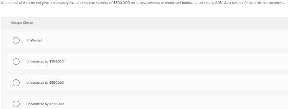 At the end of the current year, a company failed to accrue Interest of $590,000 on its Investments in municipal bonds. Its ta