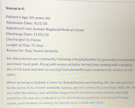 Scenario 4: Patients Age: 84-years-old Admission Date: 9/21/18 Admitted From: Sumner Regional Medical Discharge Date: 11/02/